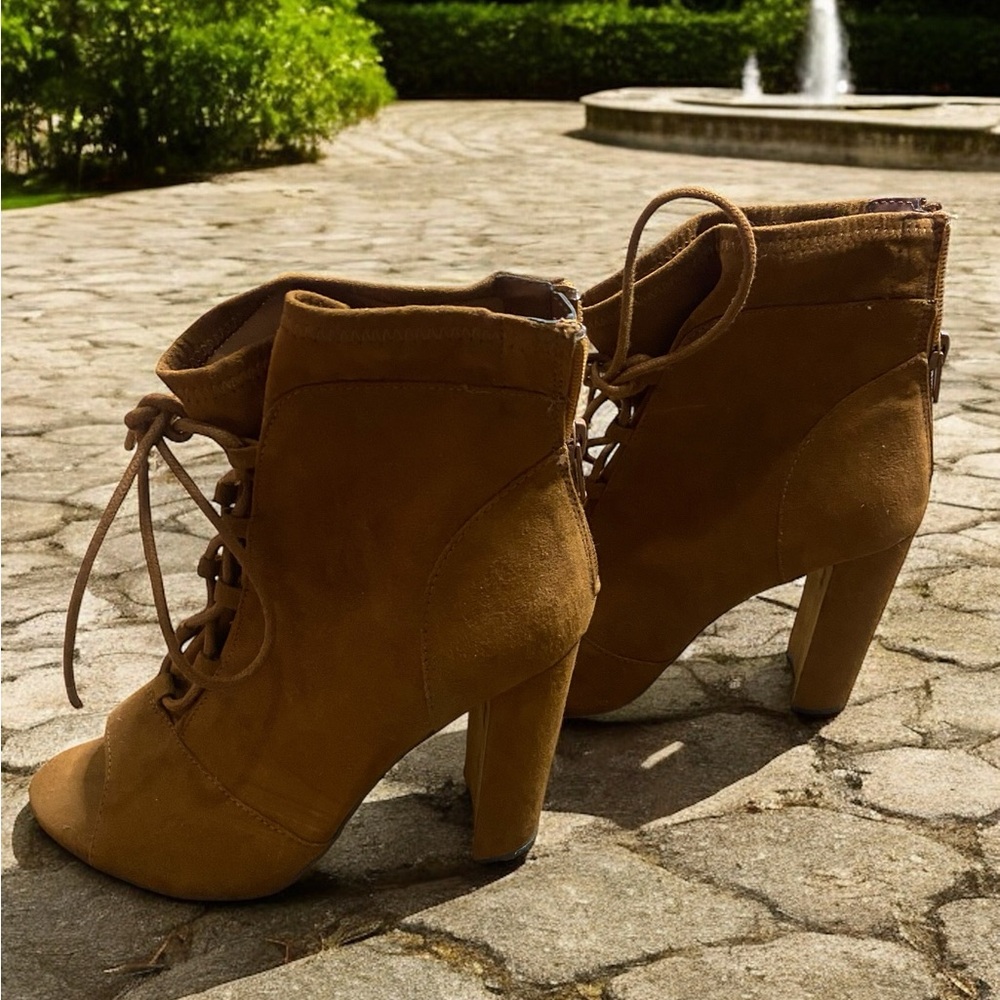 Express Suede Ankle Lace Up Open Toe Peep Toe Boot Shoe
